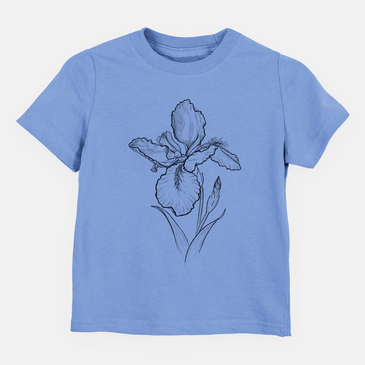 Carolina blue toddler t-shirt laid flat, printed with a black ink line drawing of a wall iris flower on its stem.