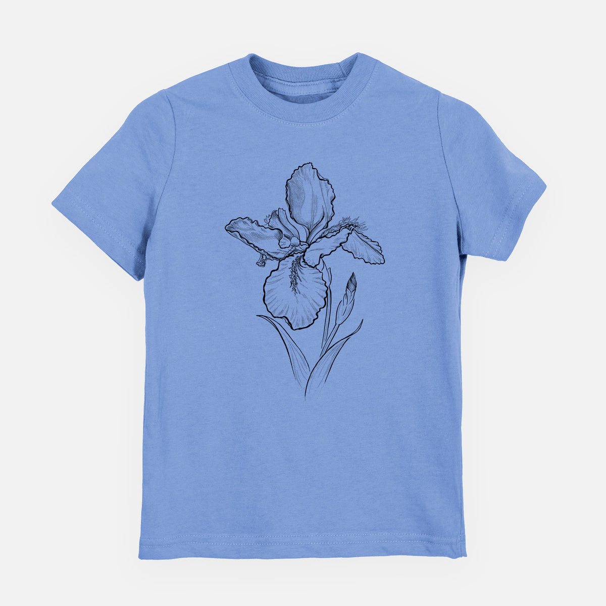Carolina blue youth t-shirt laid flat, printed with a black ink line drawing of a wall iris flower on its stem.