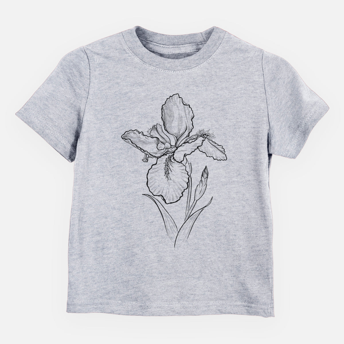 Heather grey toddler t-shirt laid flat, printed with a black ink line drawing of a wall iris flower on its stem.