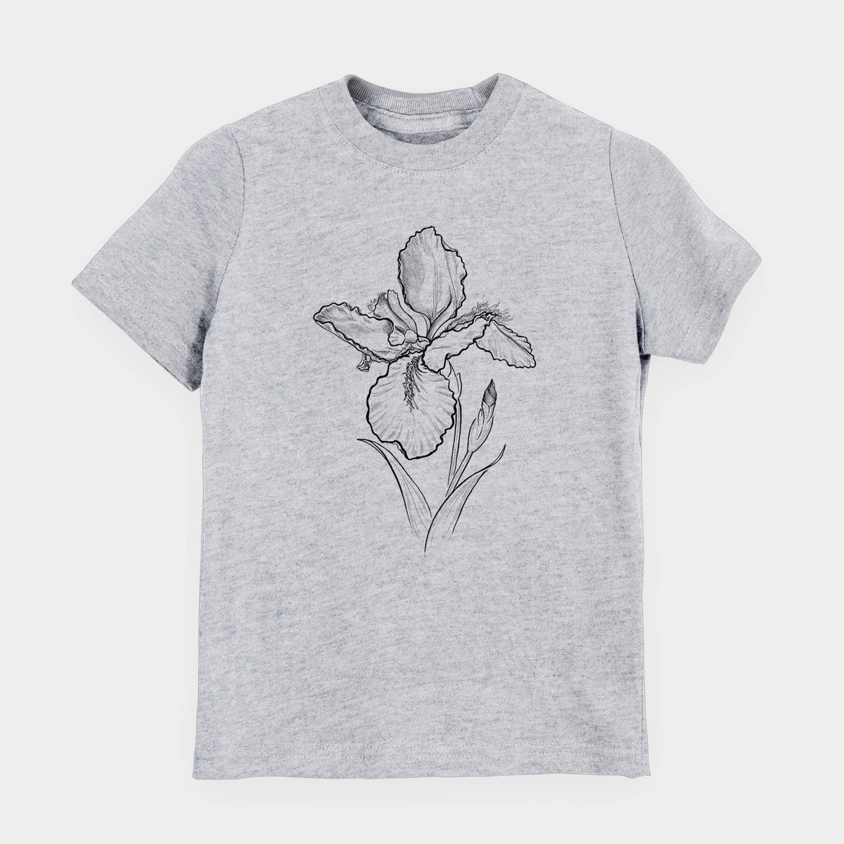 Heather grey youth t-shirt laid flat, printed with a black ink line drawing of a wall iris flower on its stem.