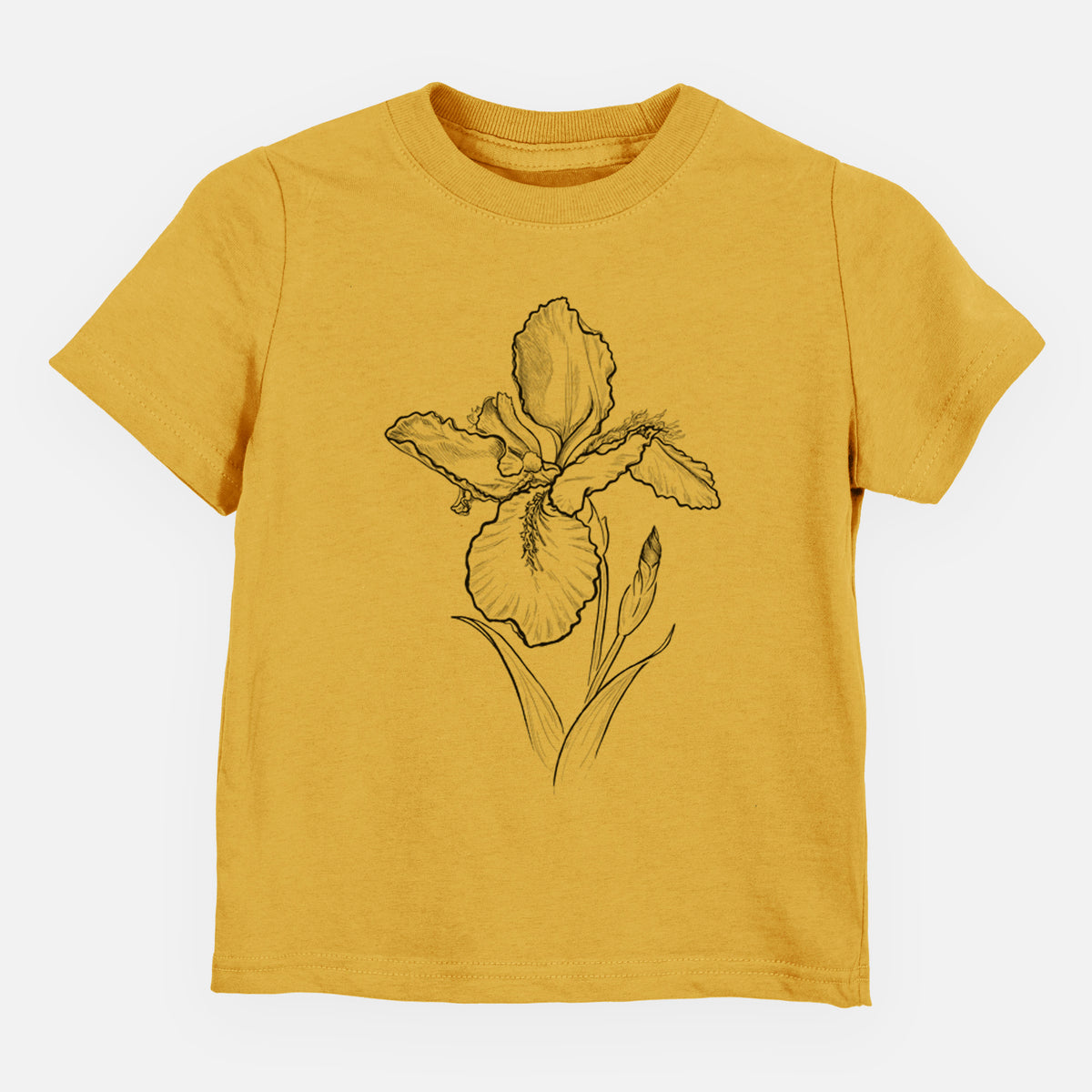 Honeycomb yellow toddler t-shirt laid flat, printed with a black ink line drawing of a wall iris flower on its stem.