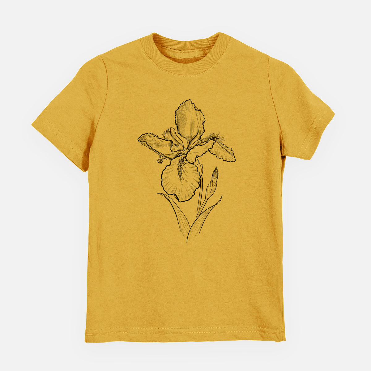 Honeycomb yellow youth t-shirt laid flat, printed with a black ink line drawing of a wall iris flower on its stem.