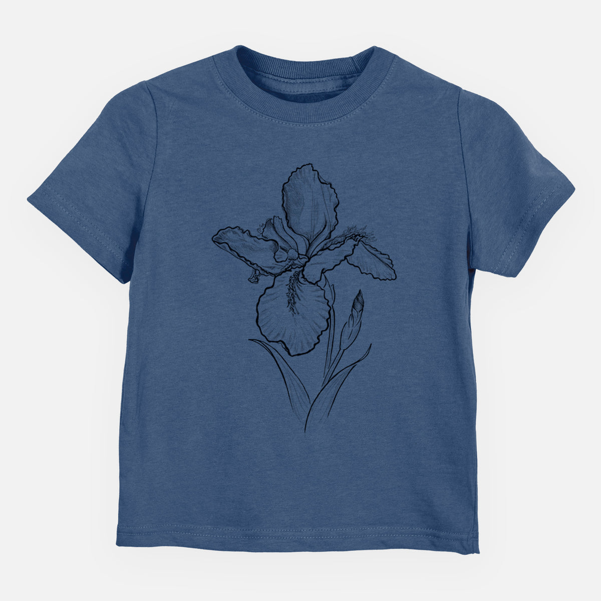 Indigo blue toddler t-shirt laid flat, printed with a black ink line drawing of a wall iris flower on its stem.