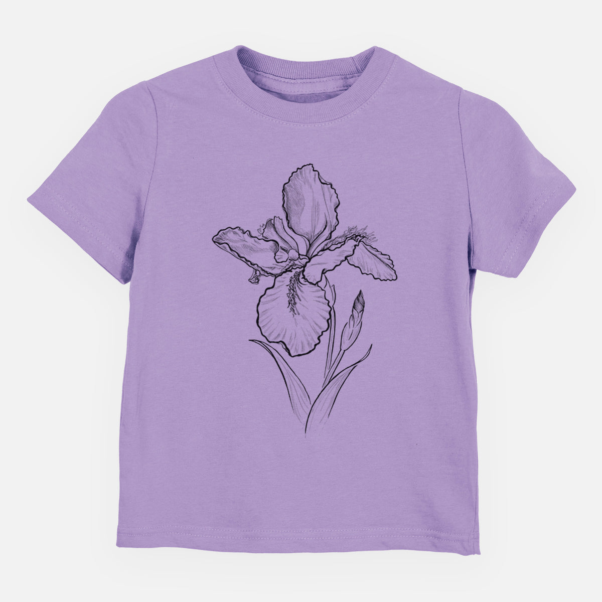 Lavender toddler t-shirt laid flat, printed with a black ink line drawing of a wall iris flower on its stem.