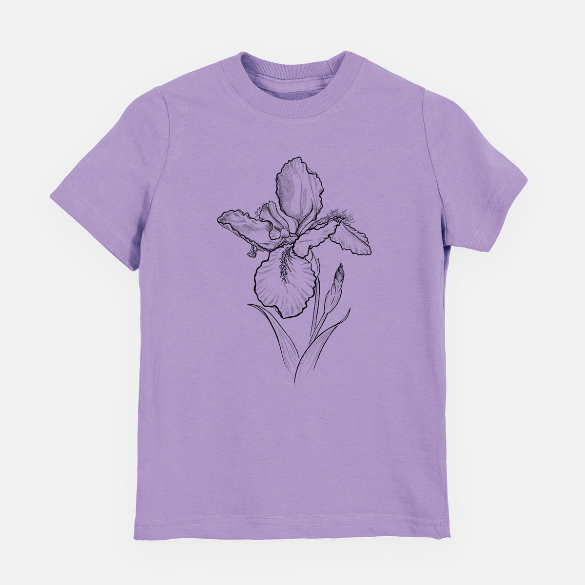 Lavender youth t-shirt laid flat, printed with a black ink line drawing of a wall iris flower on its stem.