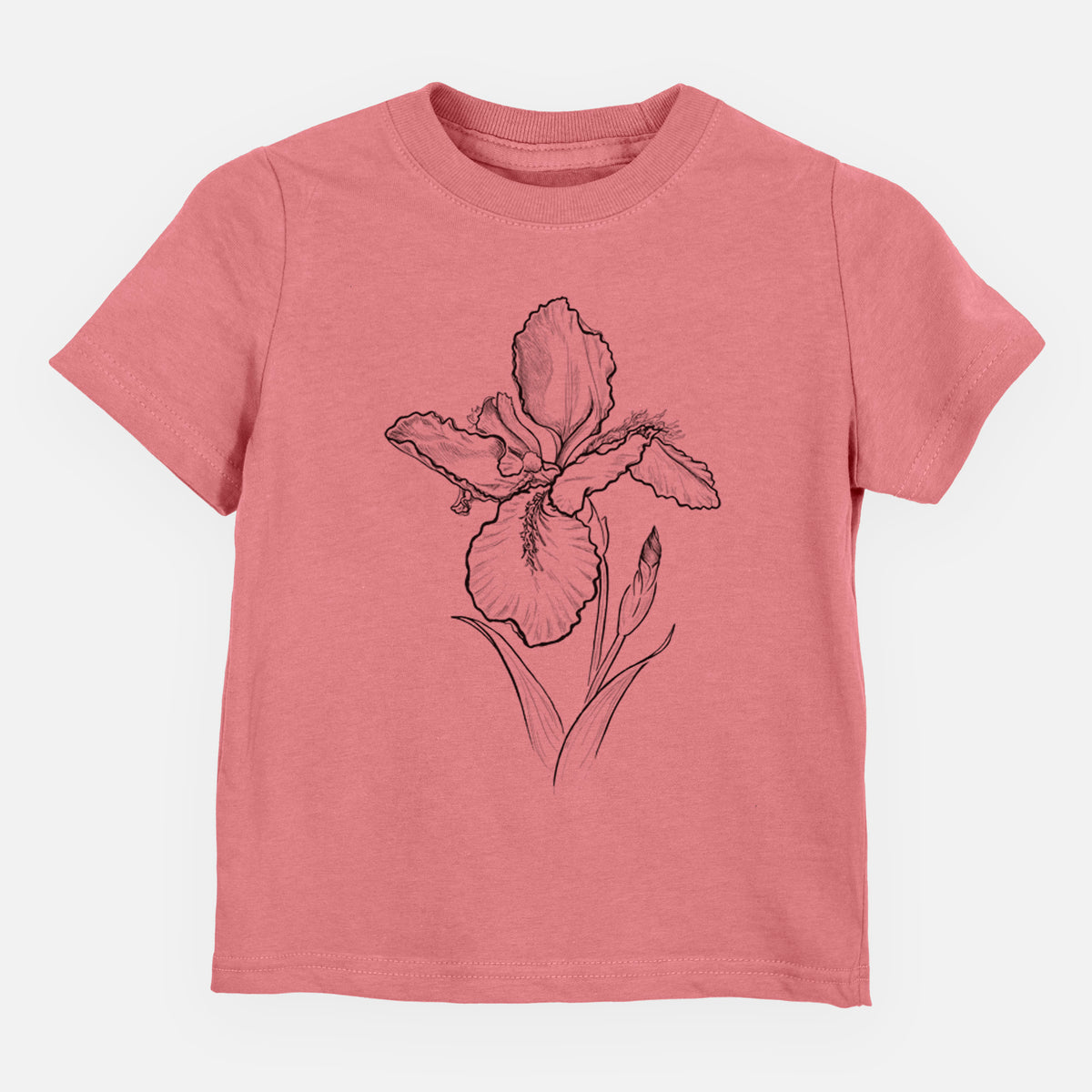 Mauve pink toddler t-shirt laid flat, printed with a black ink line drawing of a wall iris flower on its stem.