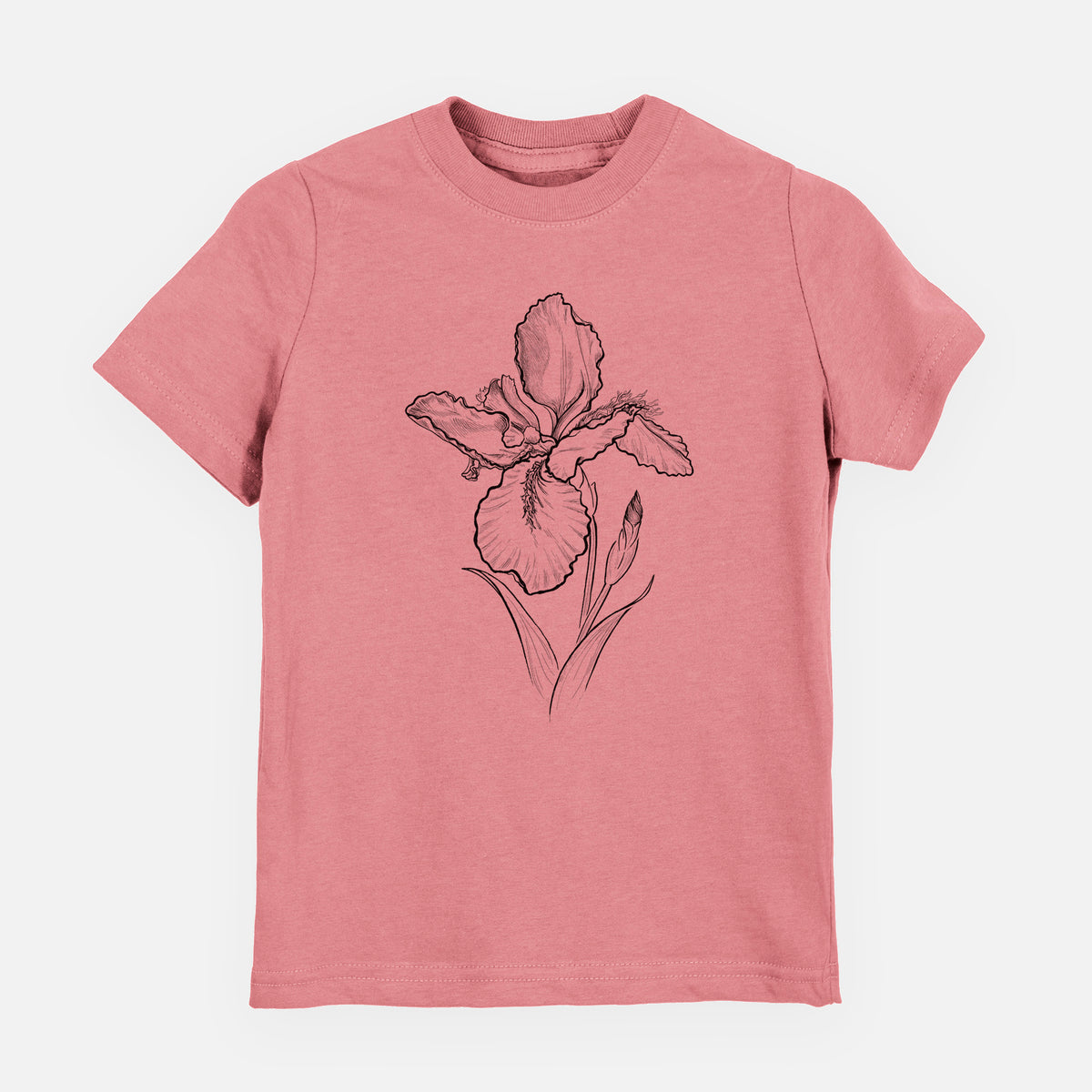 Mauve pink youth t-shirt laid flat, printed with a black ink line drawing of a wall iris flower on its stem.