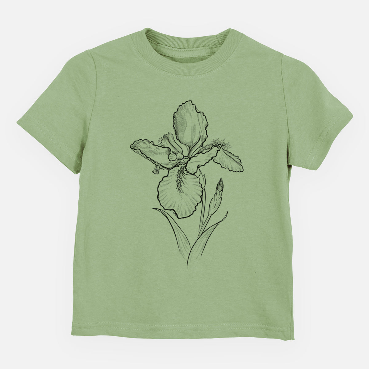 Sage green toddler t-shirt laid flat, printed with a black ink line drawing of a wall iris flower on its stem.