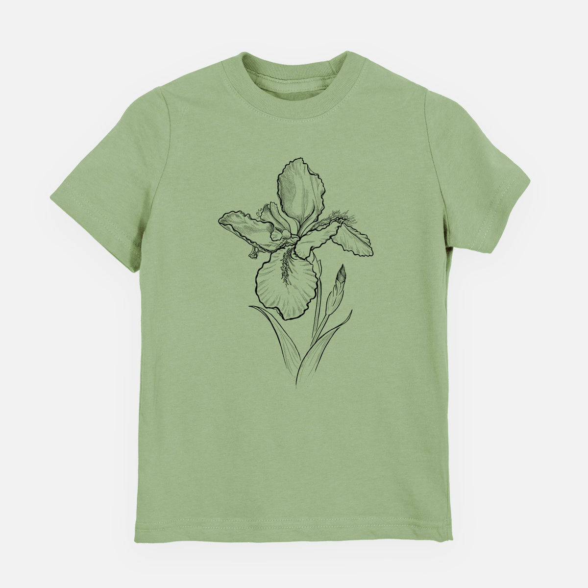 Sage green youth t-shirt laid flat, printed with a black ink line drawing of a wall iris flower on its stem.