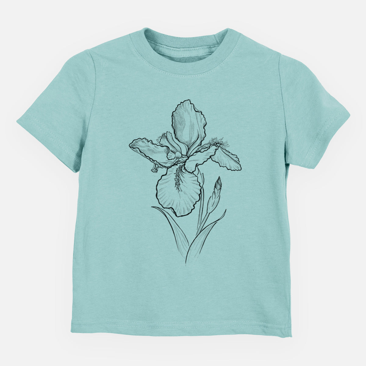 Saltwater toddler t-shirt laid flat, printed with a black ink line drawing of a wall iris flower on its stem.