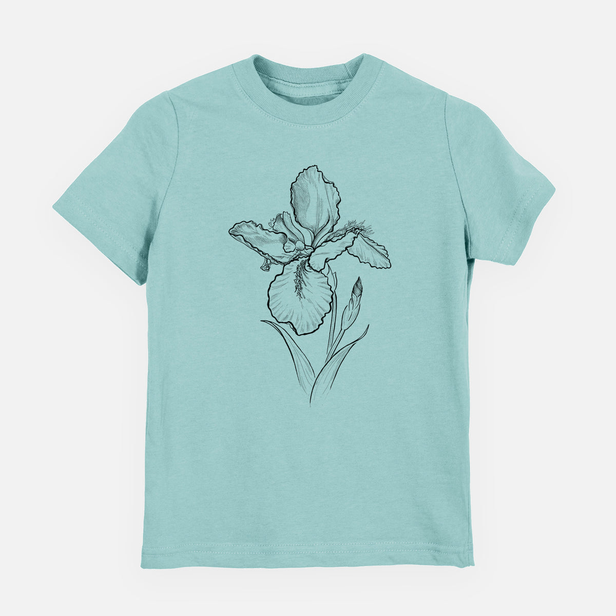 Saltwater youth t-shirt laid flat, printed with a black ink line drawing of a wall iris flower on its stem.