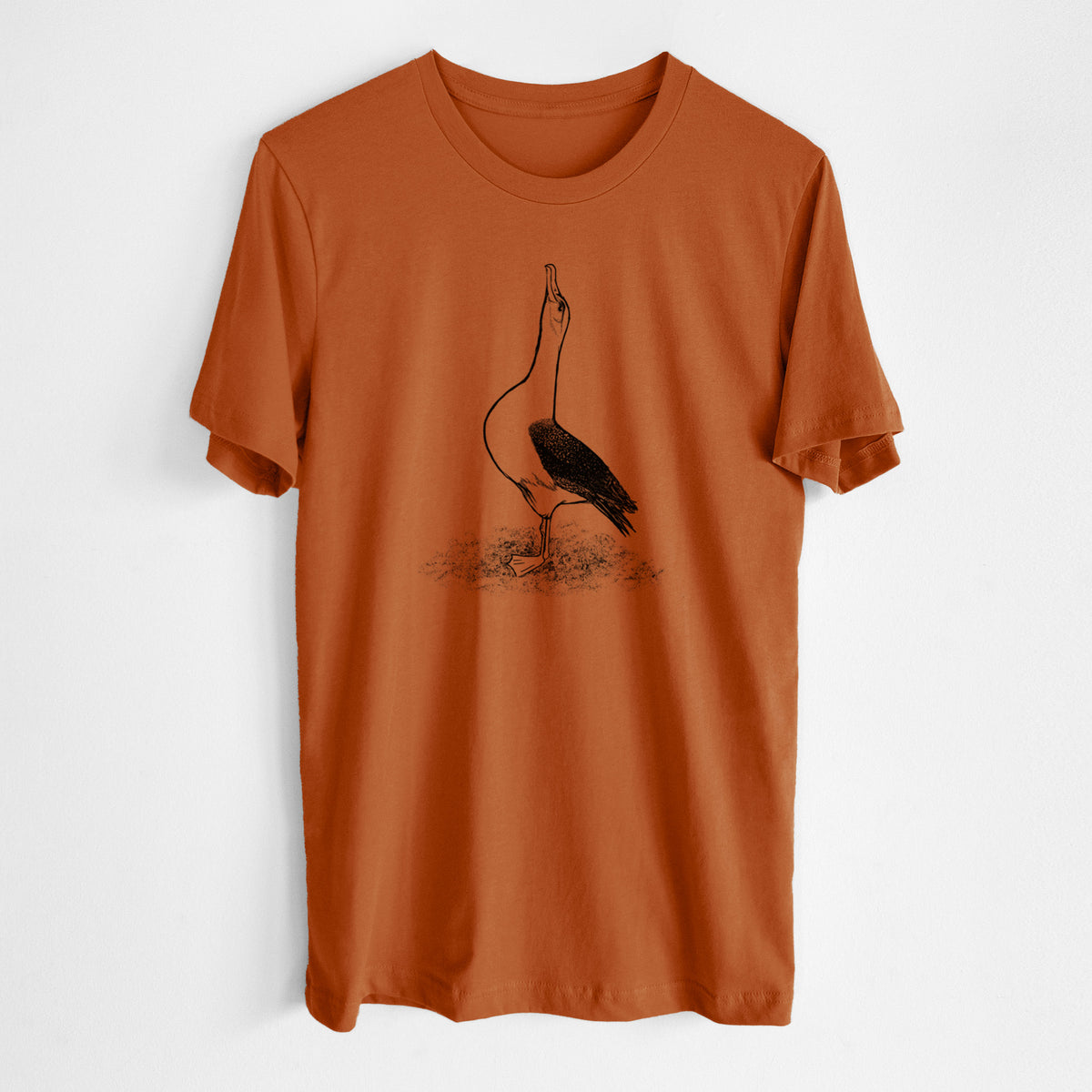 Autumn lightweight cotton t-shirt laid flat, printed with a black ink illustration of a wandering albatross with its head raised.
