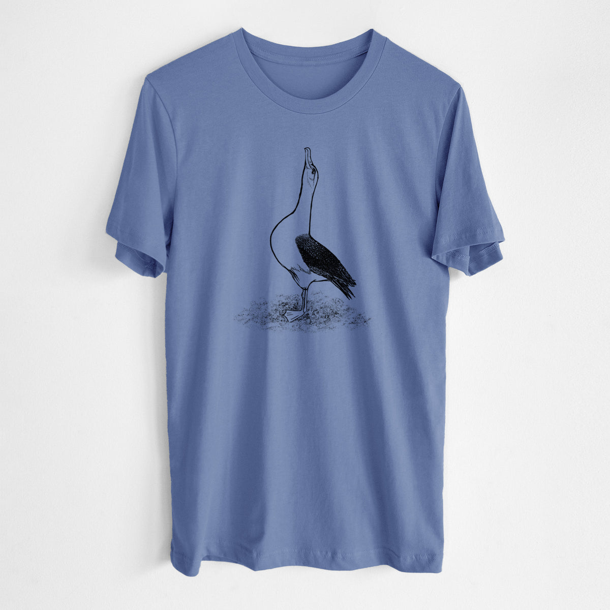 Blue bell lightweight cotton t-shirt laid flat, printed with a black ink illustration of a wandering albatross with its head raised.