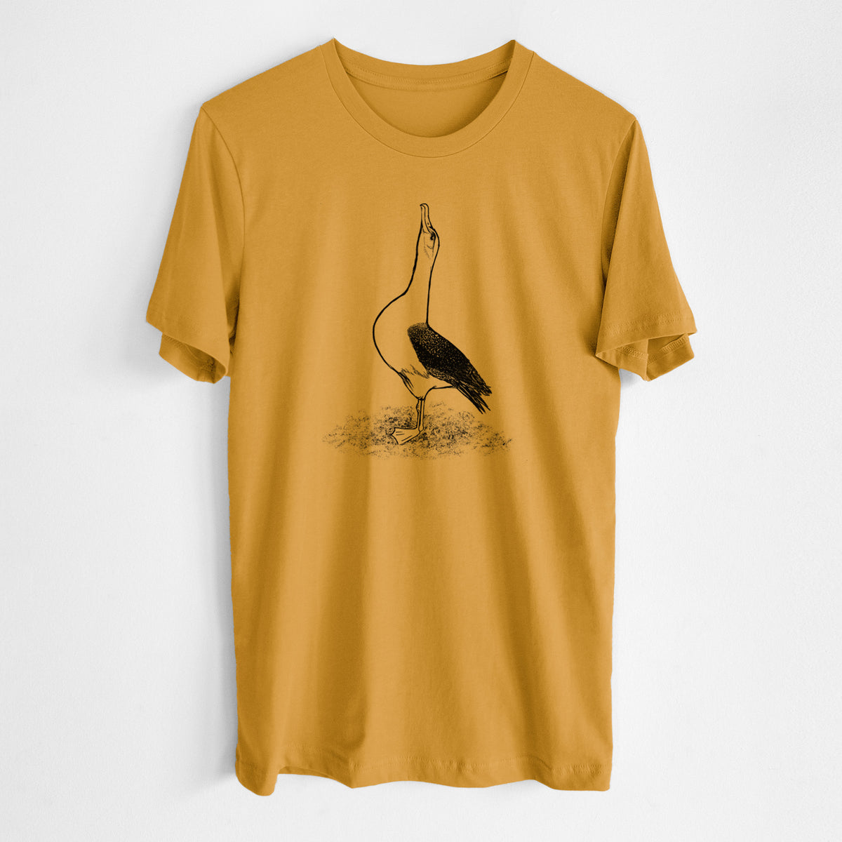 Honeycomb yellow lightweight cotton t-shirt laid flat, printed with a black ink illustration of a wandering albatross with its head raised.
