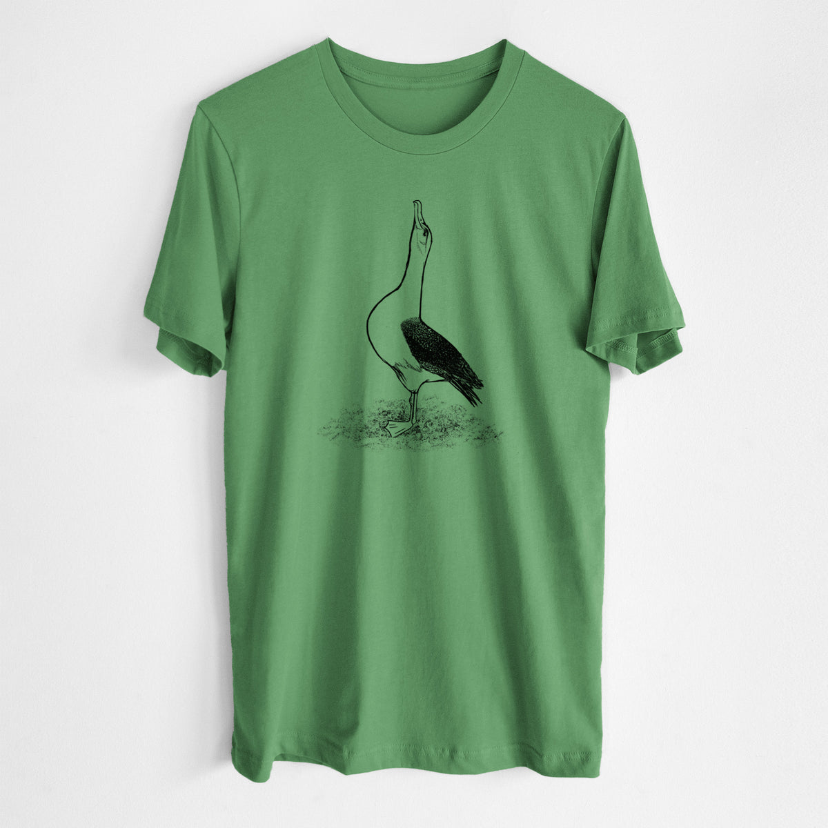 Leaf green lightweight cotton t-shirt laid flat, printed with a black ink illustration of a wandering albatross with its head raised.