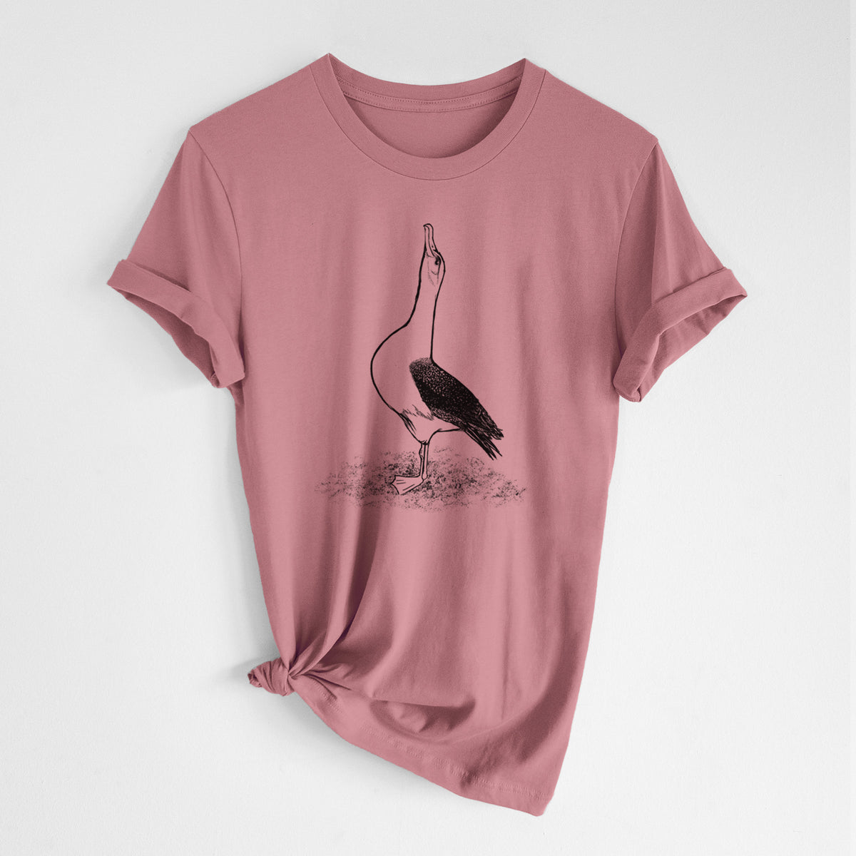 Mauve pink lightweight cotton t-shirt laid flat with the sleeves rolled, printed with a black ink illustration of a wandering albatross with its head raised.