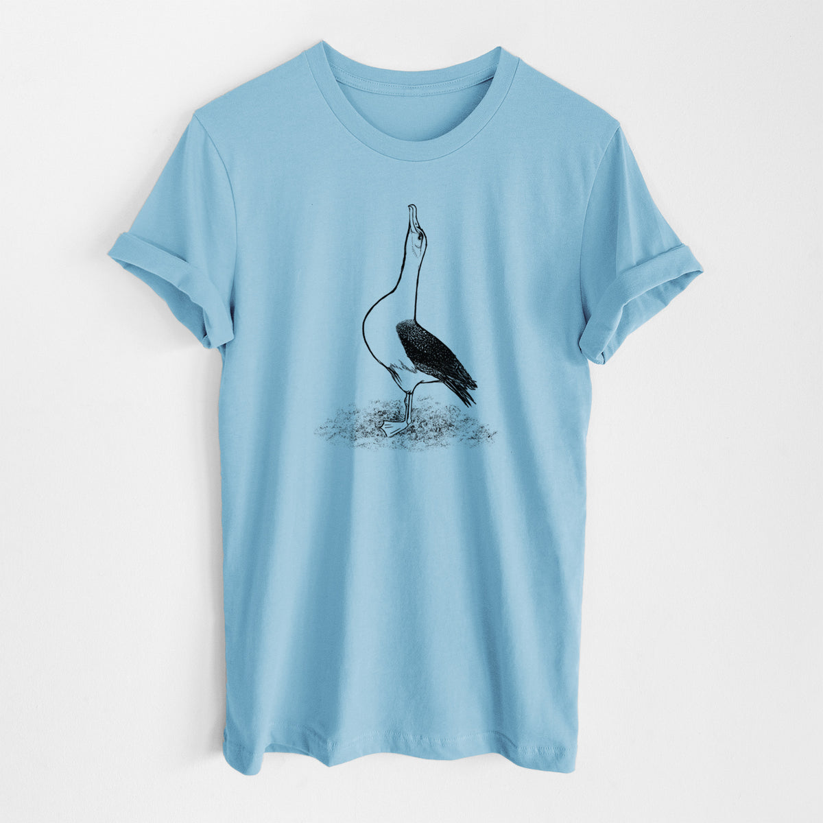 Ocean blue lightweight cotton t-shirt laid flat, printed with a black ink illustration of a wandering albatross with its head raised.