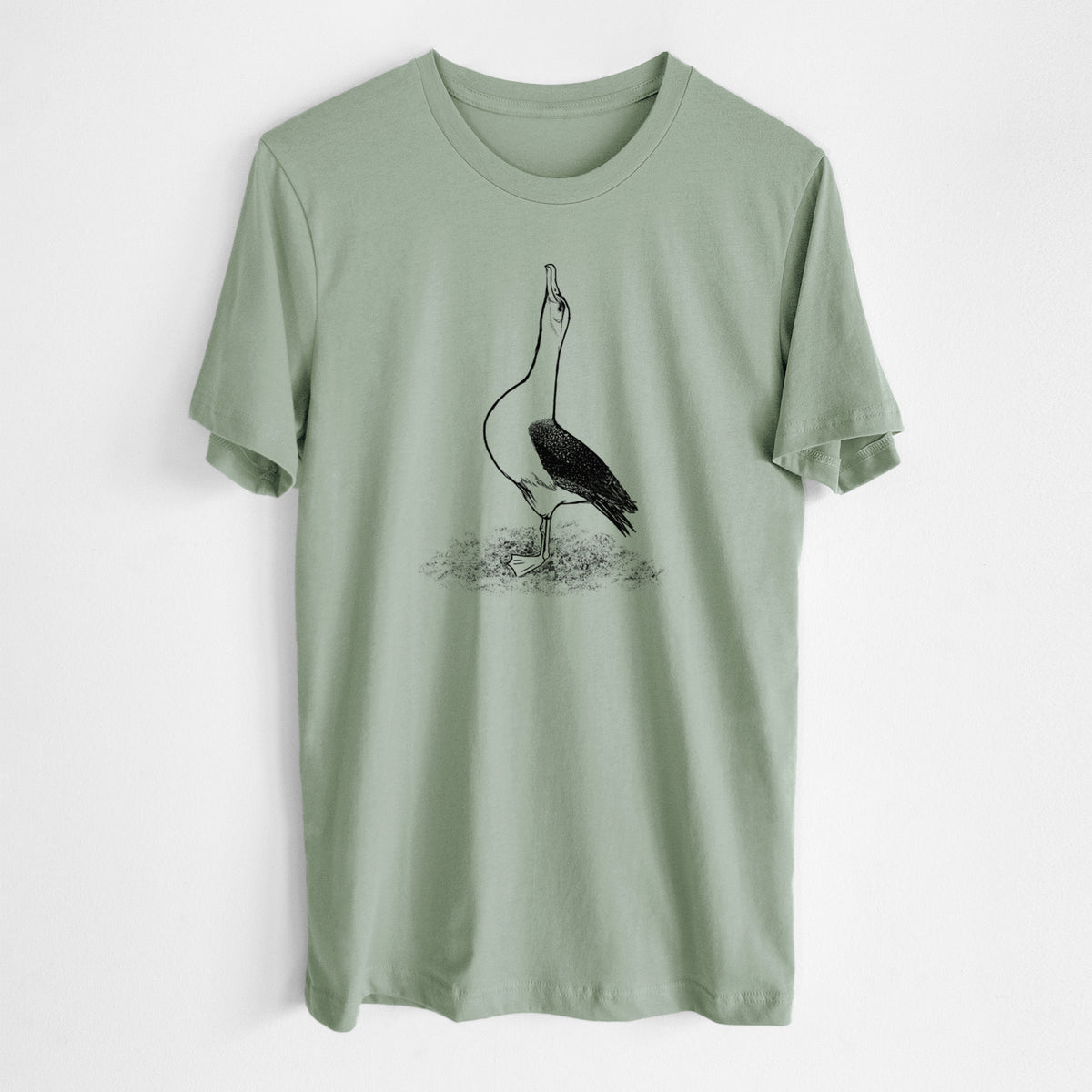 Sage green lightweight cotton t-shirt laid flat, printed with a black ink illustration of a wandering albatross with its head raised.