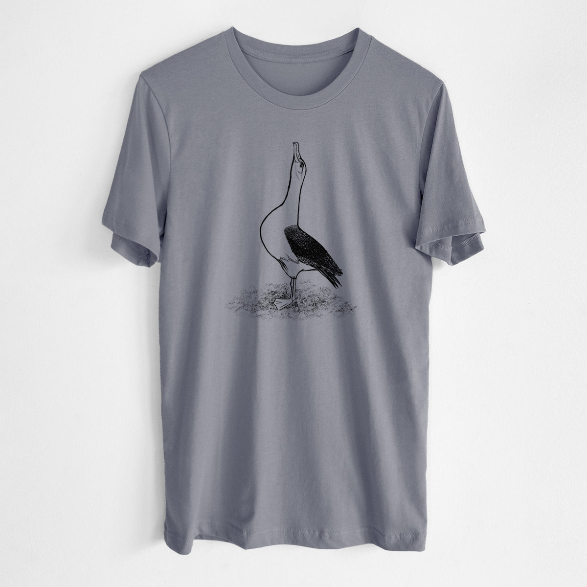 Storm grey lightweight cotton t-shirt laid flat, printed with a black ink illustration of a wandering albatross with its head raised.