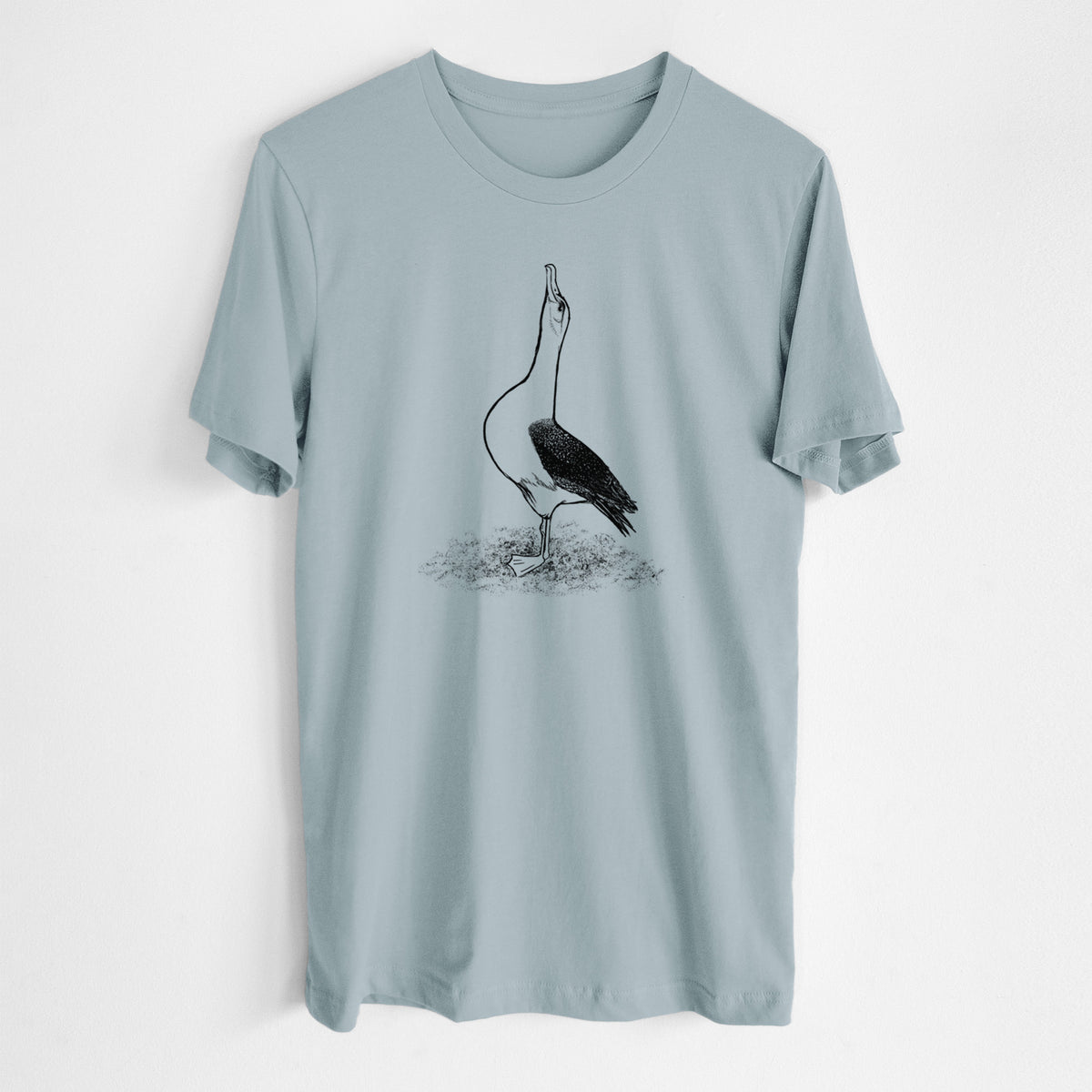 Vintage denim lightweight cotton t-shirt laid flat, printed with a black ink illustration of a wandering albatross with its head raised.