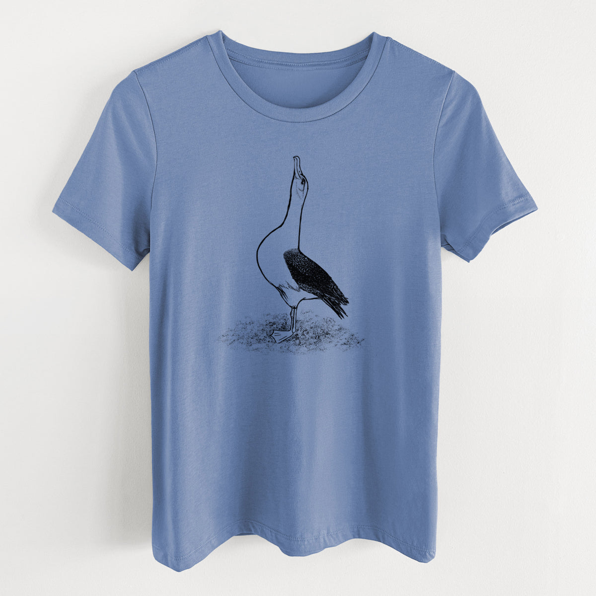 Blue bell women's relaxed fit cotton t-shirt laid flat, printed with a black ink illustration of a wandering albatross with its head raised.