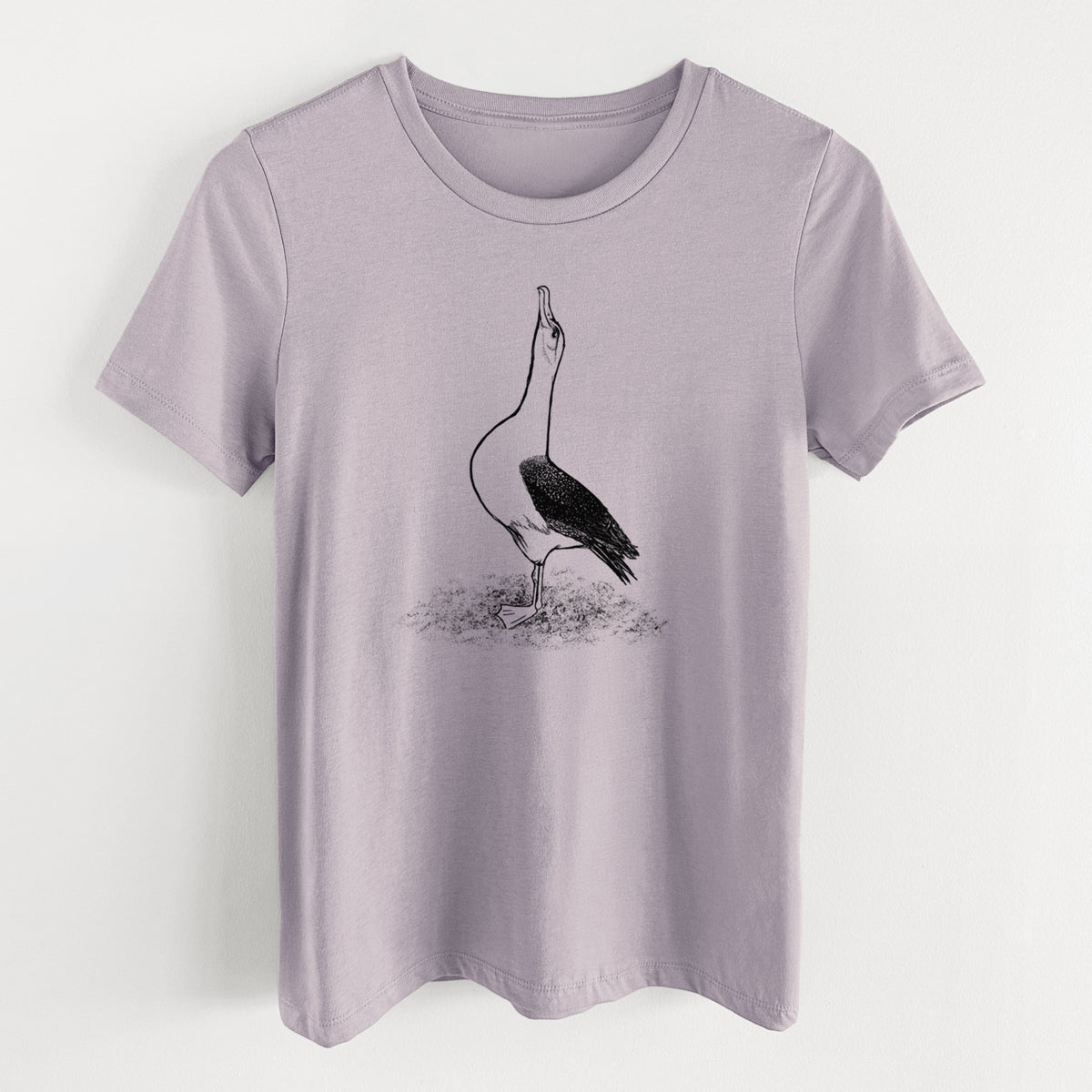 Light violet women's relaxed fit cotton t-shirt laid flat, printed with a black ink illustration of a wandering albatross with its head raised.