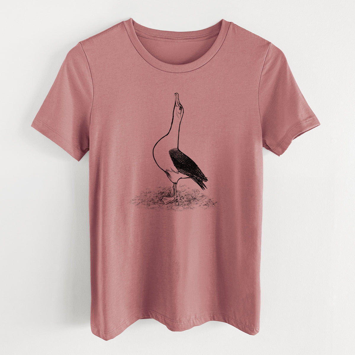 Mauve pink women's relaxed fit cotton t-shirt laid flat, printed with a black ink illustration of a wandering albatross with its head raised.