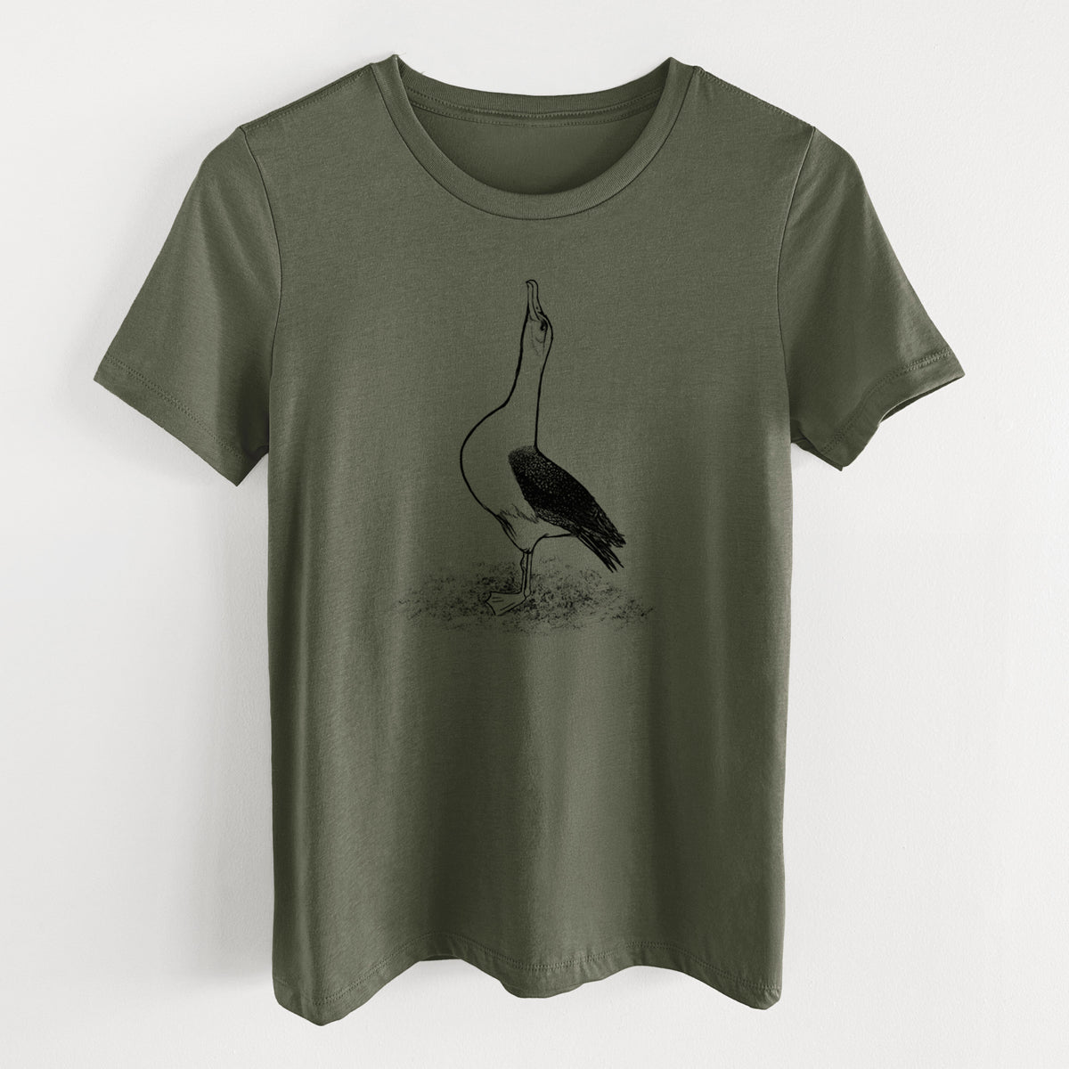 Military green women's relaxed fit cotton t-shirt laid flat, printed with a black ink illustration of a wandering albatross with its head raised.