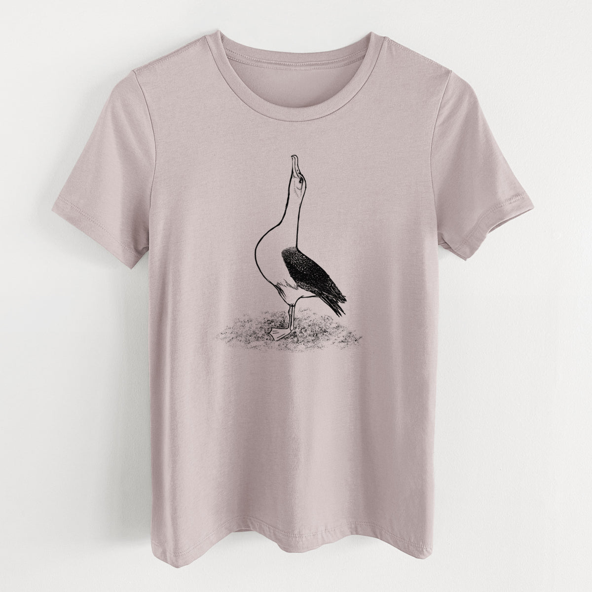 Pink gravel women's relaxed fit cotton t-shirt laid flat, printed with a black ink illustration of a wandering albatross with its head raised.