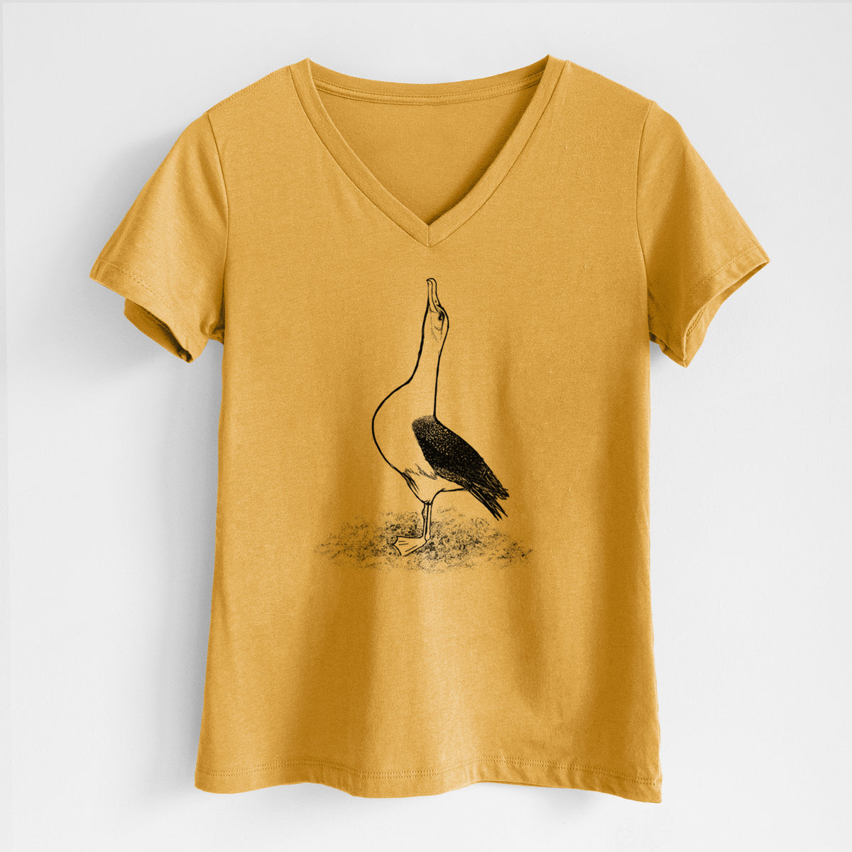 Honeycomb yellow women's relaxed fit cotton V-neck t-shirt laid flat, printed with a black ink illustration of a wandering albatross with its head raised.
