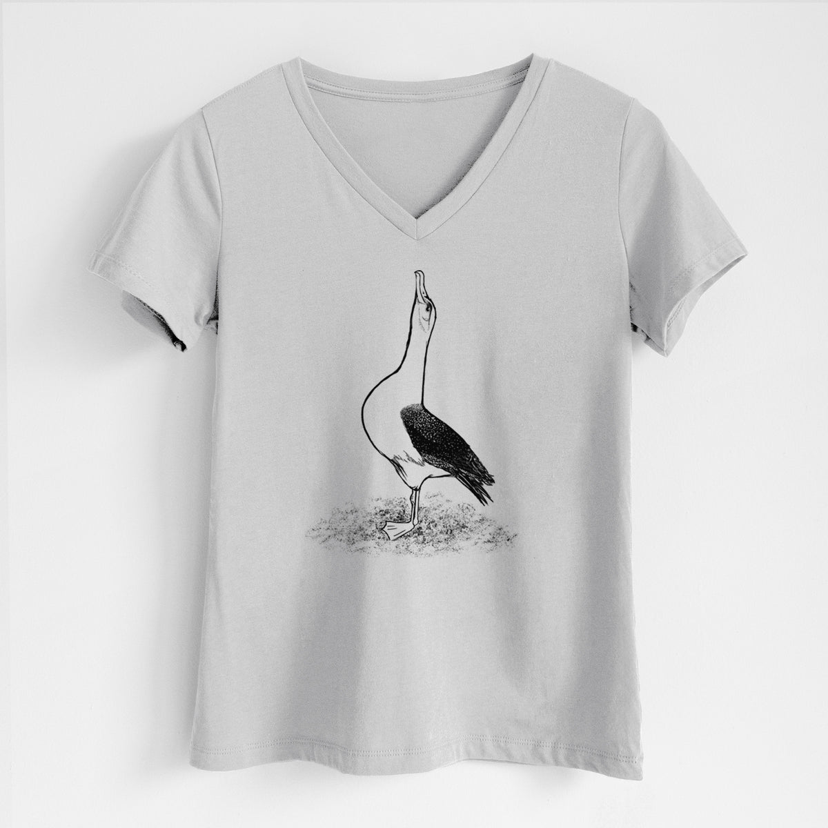 Lunar grey women's relaxed fit cotton V-neck t-shirt laid flat, printed with a black ink illustration of a wandering albatross with its head raised.