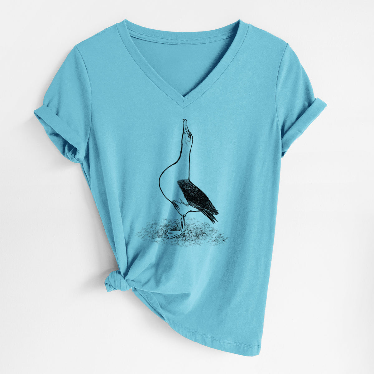 Turquoise women's relaxed fit cotton V-neck t-shirt laid flat, printed with a black ink illustration of a wandering albatross with its head raised.