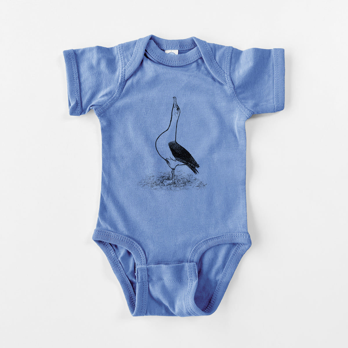 Carolina blue baby bodysuit laid flat, printed with a black ink illustration of a wandering albatross with its head raised.