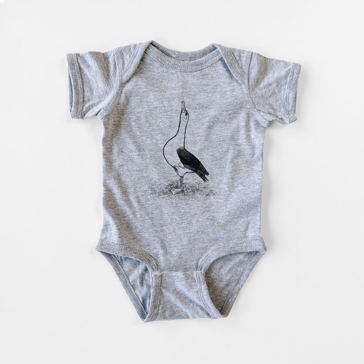 Grey baby bodysuit laid flat, printed with a black ink illustration of a wandering albatross with its head raised.