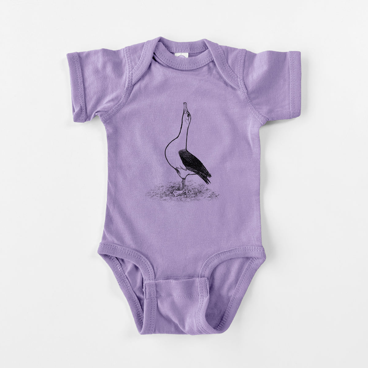 Lavender baby bodysuit laid flat, printed with a black ink illustration of a wandering albatross with its head raised.