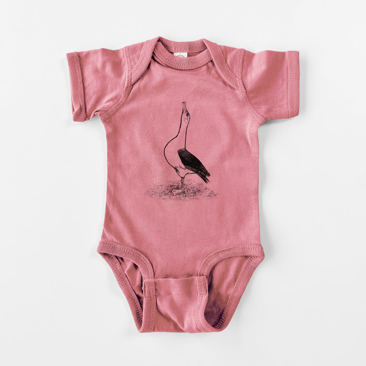 Mauve pink baby bodysuit laid flat, printed with a black ink illustration of a wandering albatross with its head raised.