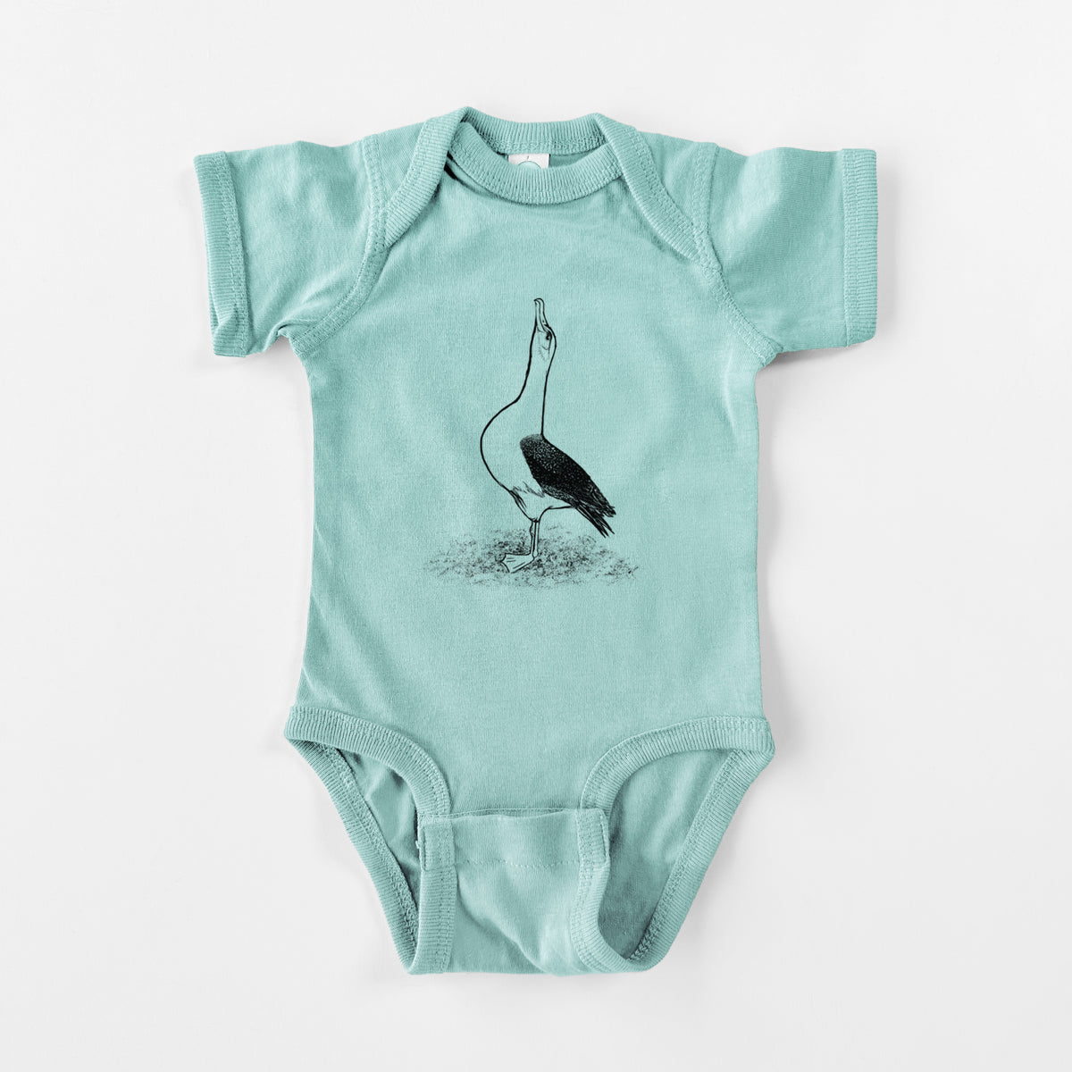 Saltwater baby bodysuit laid flat, printed with a black ink illustration of a wandering albatross with its head raised.