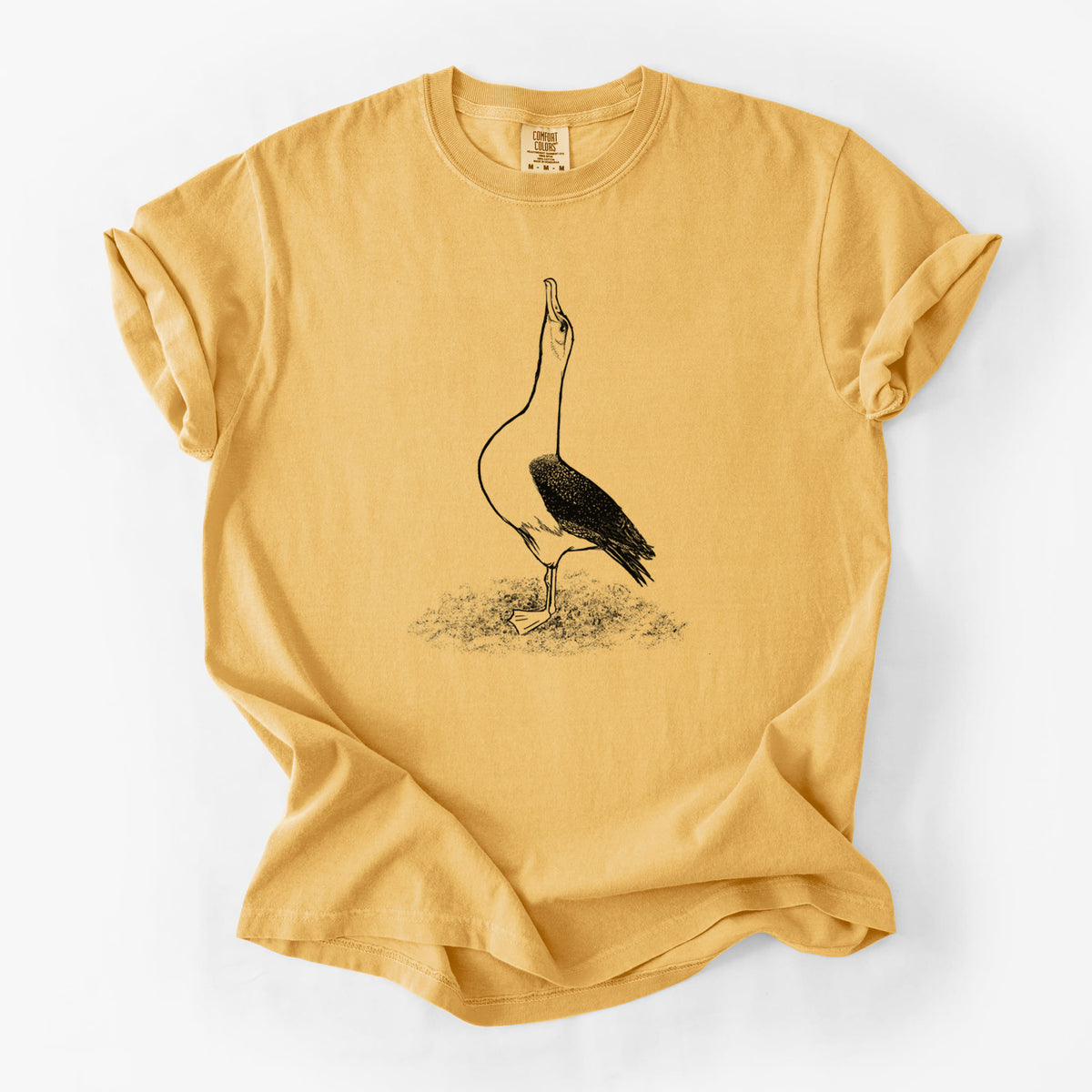 Golden wheat yellow Comfort Colors t-shirt laid flat, printed with a black ink illustration of a wandering albatross with its head raised.