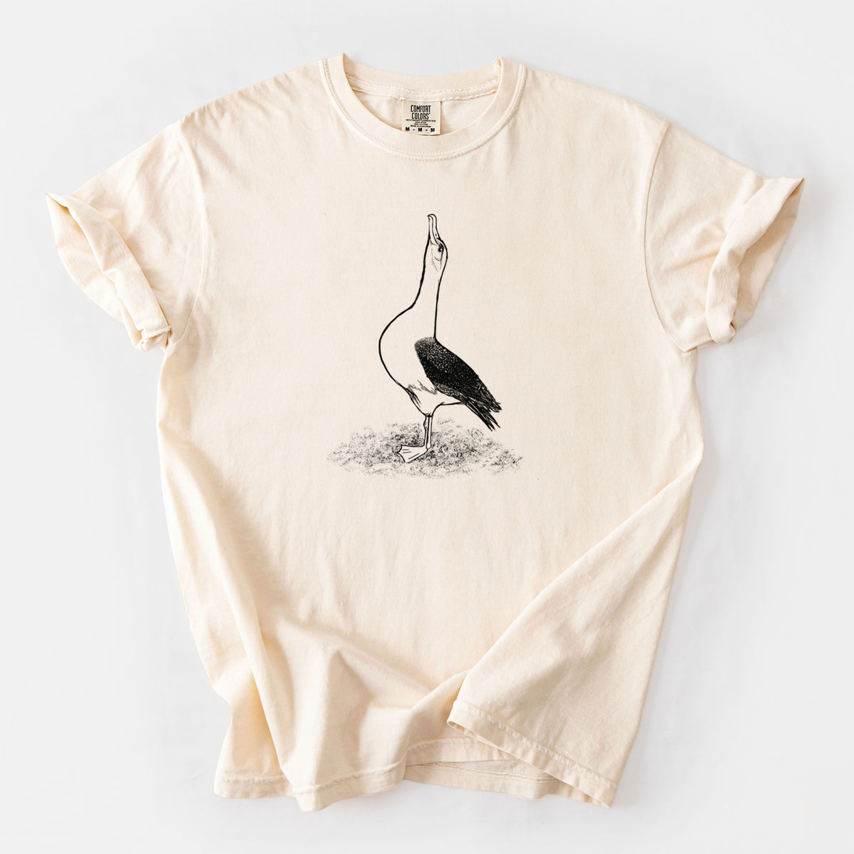 Ivory Comfort Colors t-shirt laid flat, printed with a black ink illustration of a wandering albatross with its head raised.