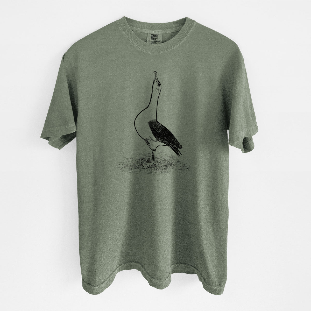 Moss green Comfort Colors t-shirt laid flat, printed with a black ink illustration of a wandering albatross with its head raised.