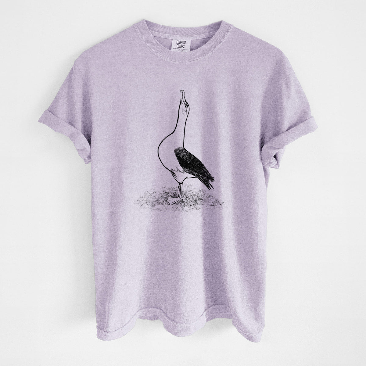 Orchid purple Comfort Colors t-shirt laid flat, printed with a black ink illustration of a wandering albatross with its head raised.
