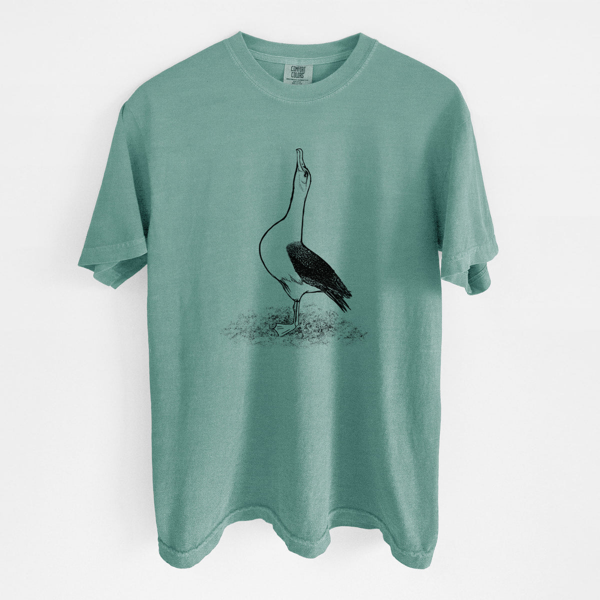 Reef green Comfort Colors t-shirt laid flat, printed with a black ink illustration of a wandering albatross with its head raised.