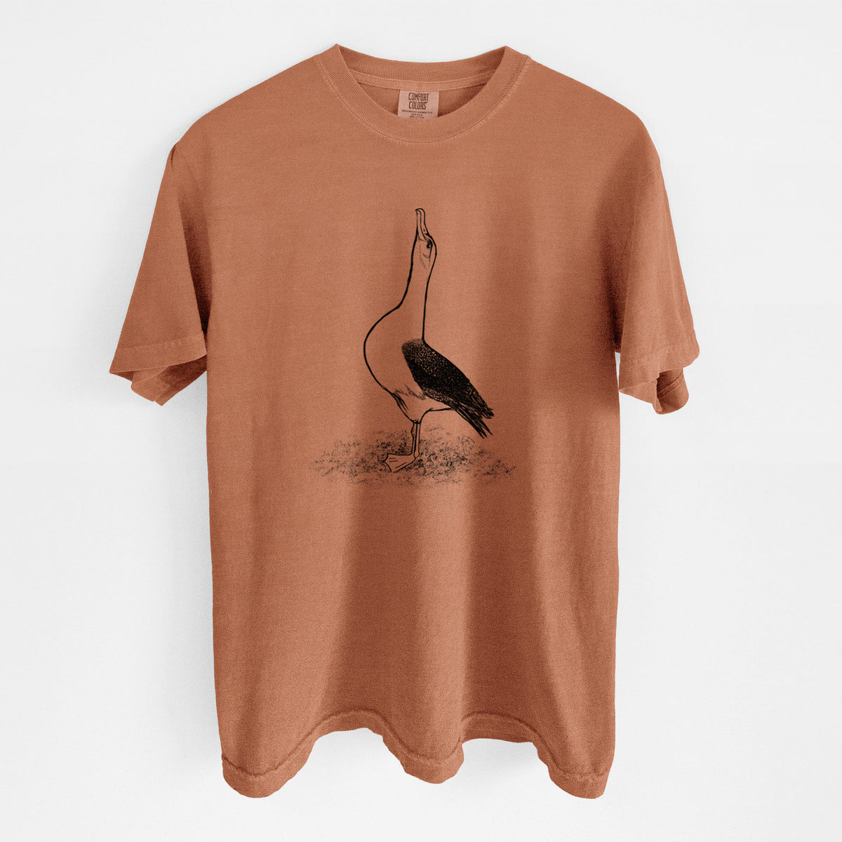 Yam burnt orange Comfort Colors t-shirt laid flat, printed with a black ink illustration of a wandering albatross with its head raised.
