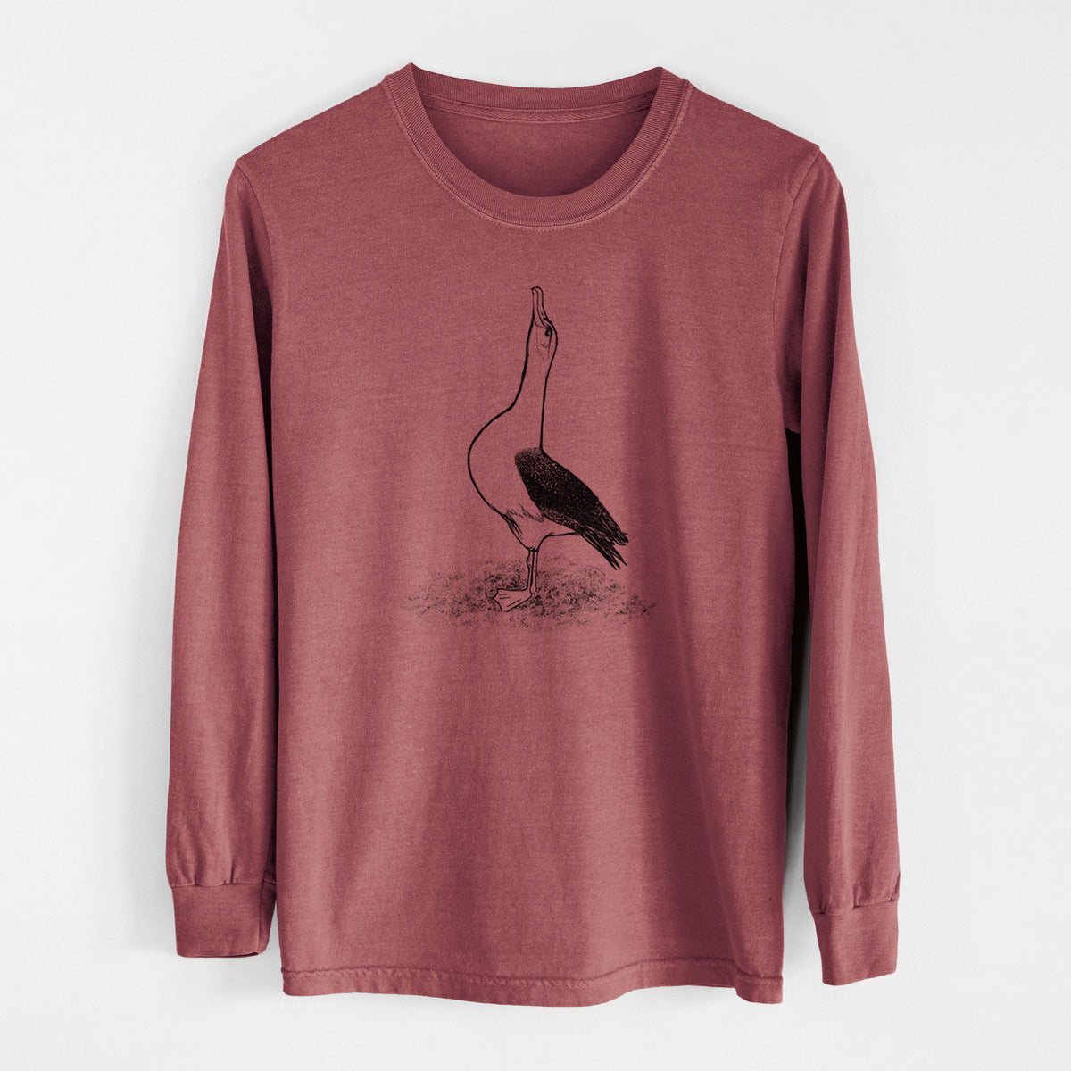 Brick red Comfort Colors long sleeve shirt laid flat, printed with a black ink illustration of a wandering albatross with its head raised.
