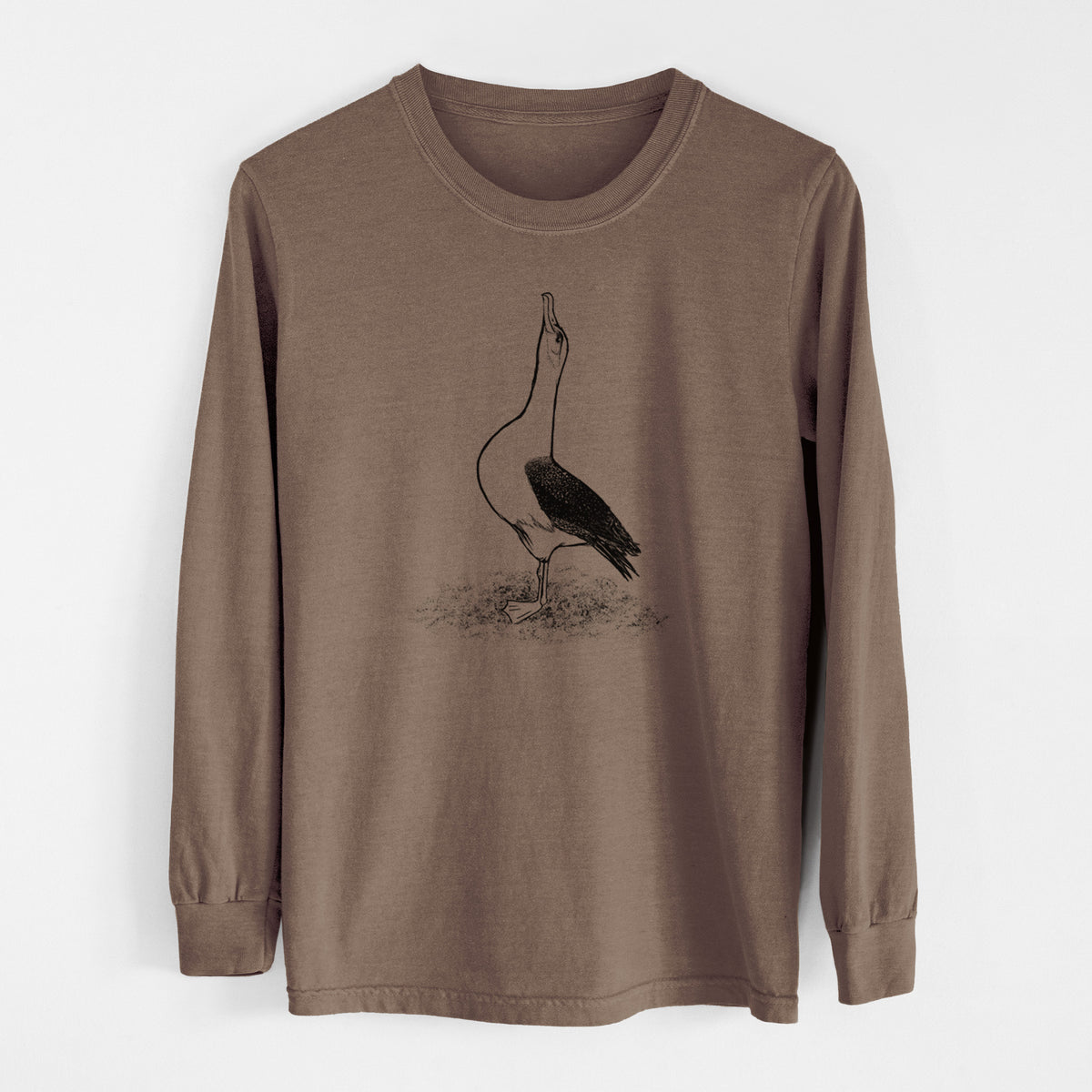 Espresso brown Comfort Colors long sleeve shirt laid flat, printed with a black ink illustration of a wandering albatross with its head raised.