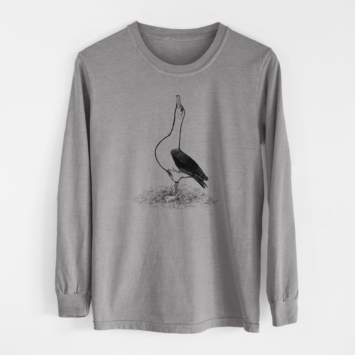 Grey Comfort Colors long sleeve shirt laid flat, printed with a black ink illustration of a wandering albatross with its head raised.
