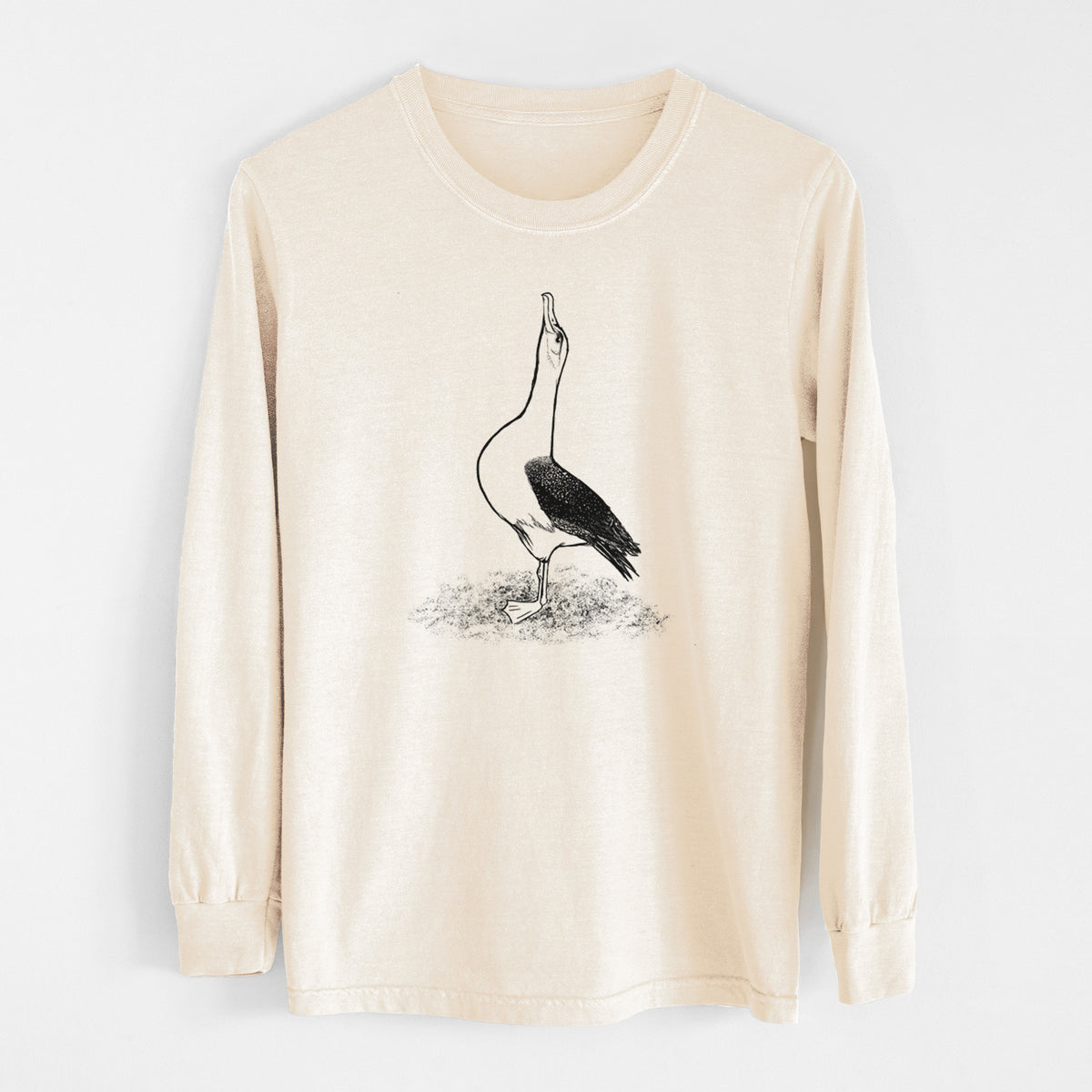 Ivory Comfort Colors long sleeve shirt laid flat, printed with a black ink illustration of a wandering albatross with its head raised.