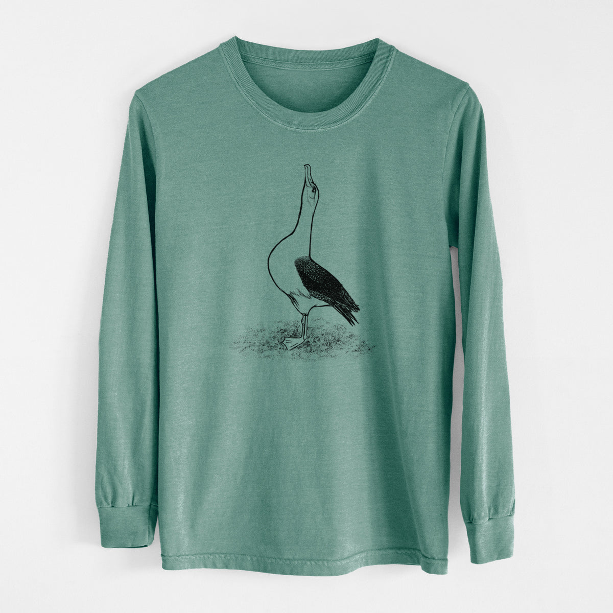 Pine green Comfort Colors long sleeve shirt laid flat, printed with a black ink illustration of a wandering albatross with its head raised.
