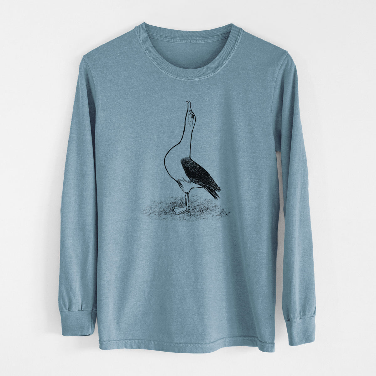 Steel blue Comfort Colors long sleeve shirt laid flat, printed with a black ink illustration of a wandering albatross with its head raised.