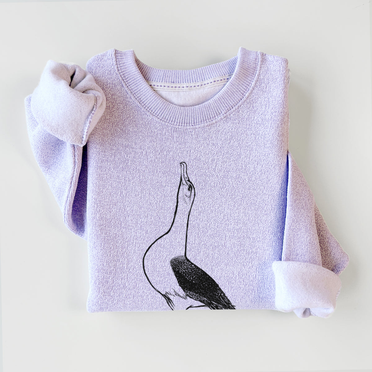 Ice purple knit sweatshirt printed with a black ink illustration of a wandering albatross with its head raised, styled flat.